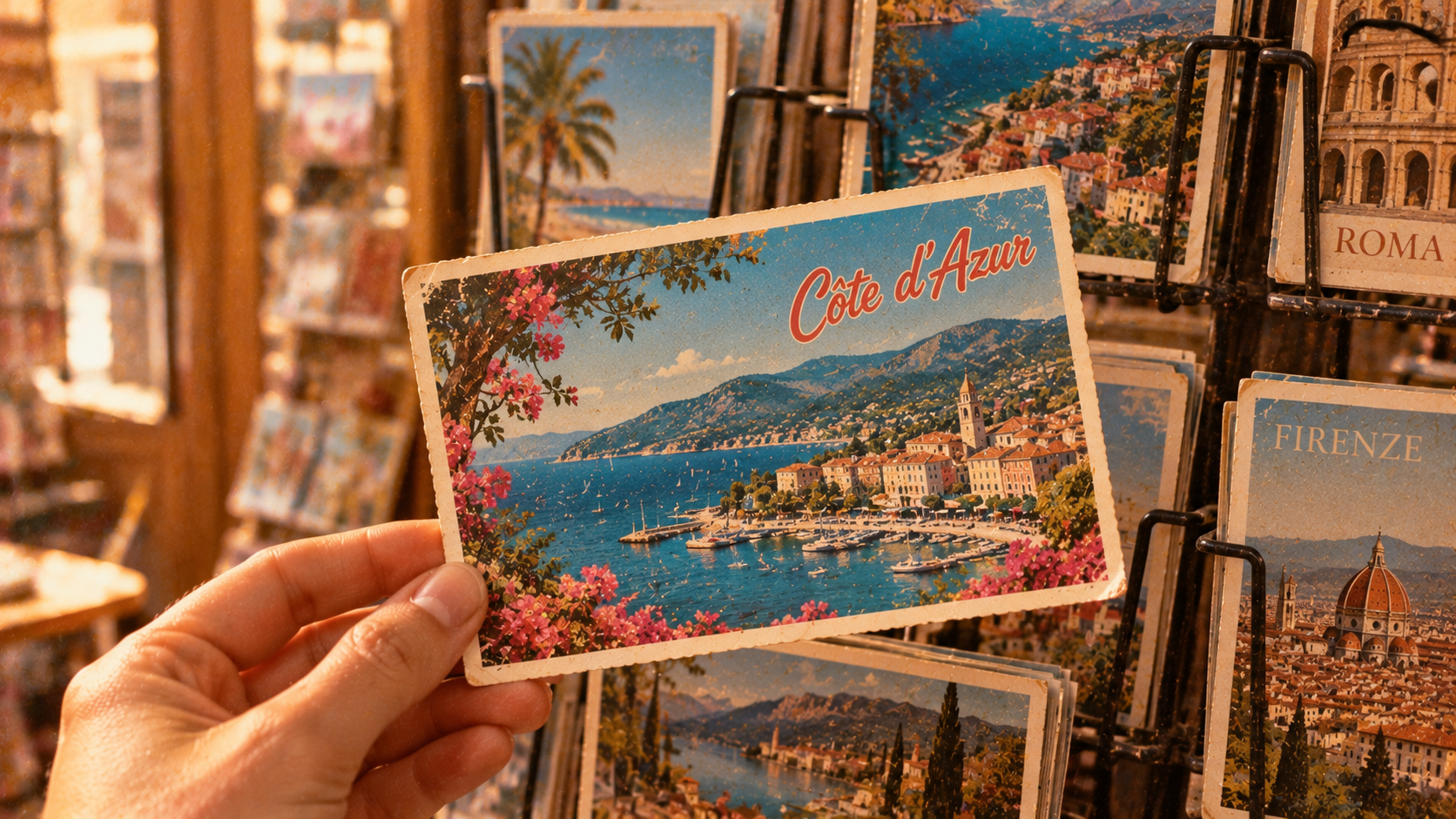 A hand holds a vintage-style postcard of the French Riviera labeled “Côte d’Azur,” displayed in a rack of other travel postcards.