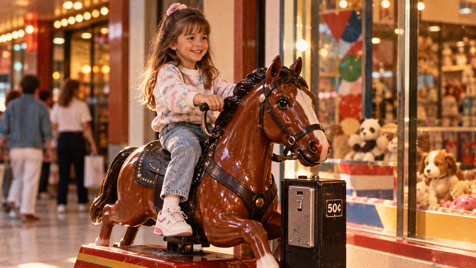 A smiling young girl sits on a coin-operated brown hobby horse ride in a shopping mall.