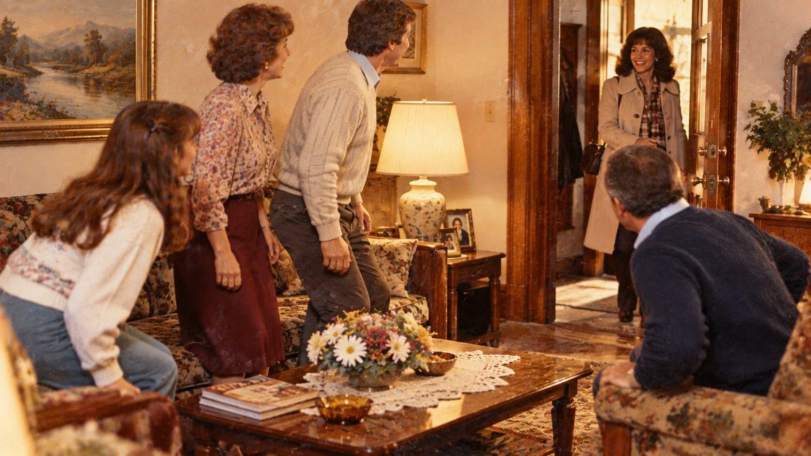 A family in a living room looks toward the doorway as a woman in a trench coat enters.