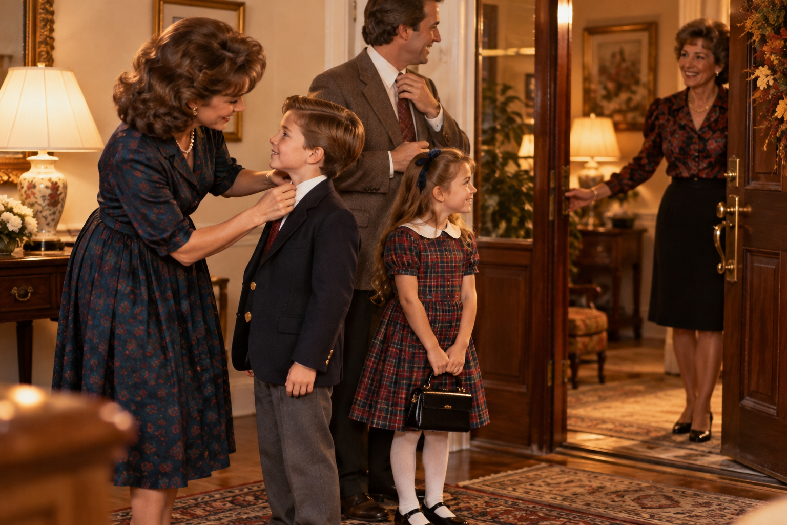 A woman adjusting a young boy’s tie while a young girl in a plaid dress stands nearby, as a man and another woman look on in a home entryway.
