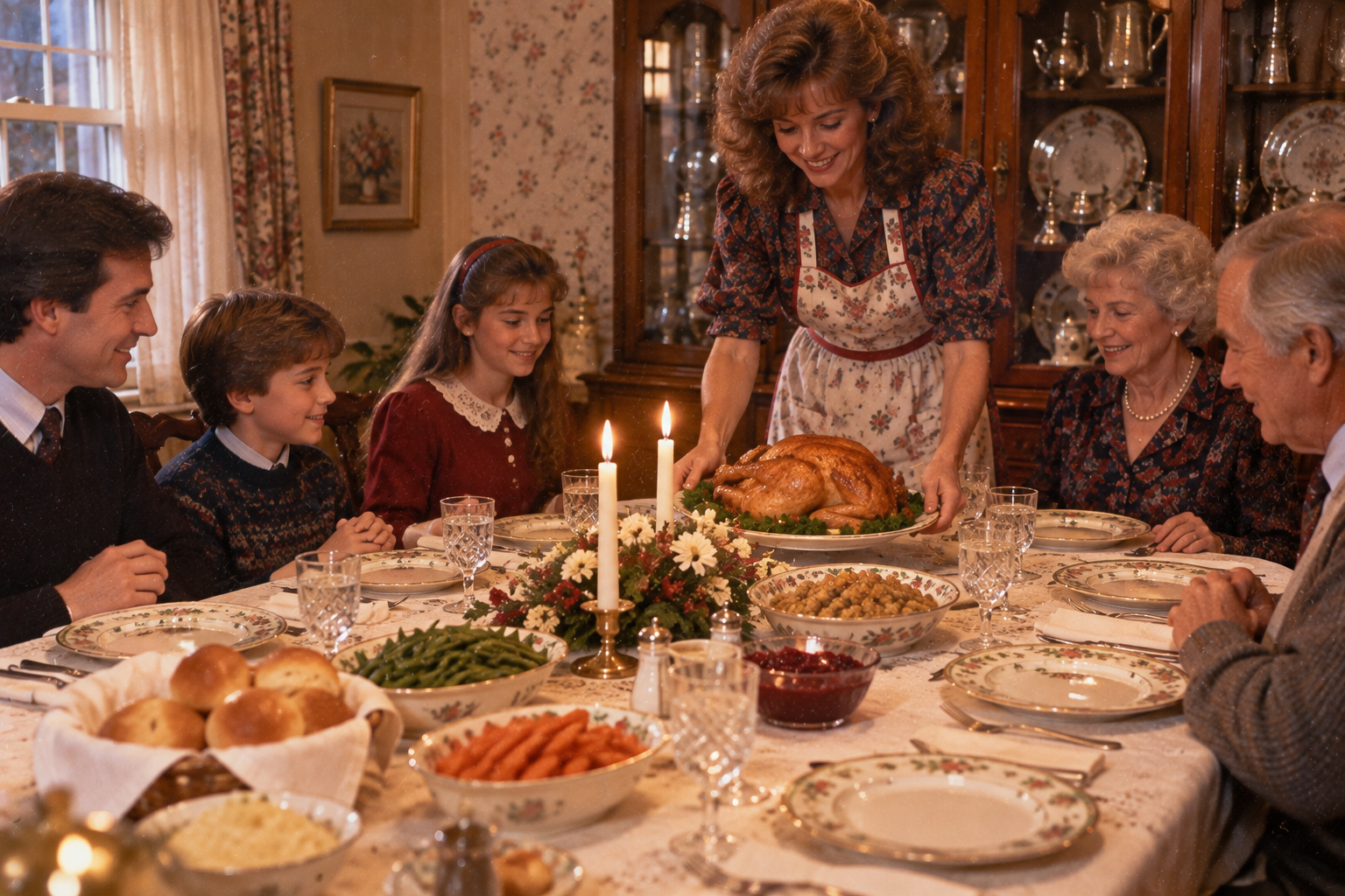 A multi-generational family sitting around a table for a holiday dinner as a woman places a roasted turkey in the center.