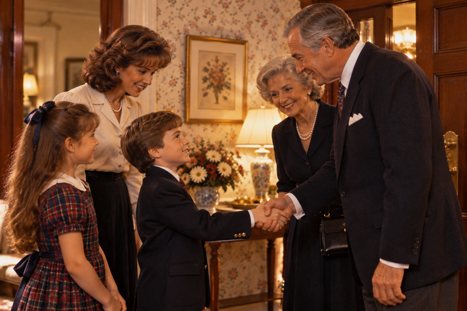 A young boy in a suit shakes hands with an older man, while a woman and a girl look on in a home interior.
