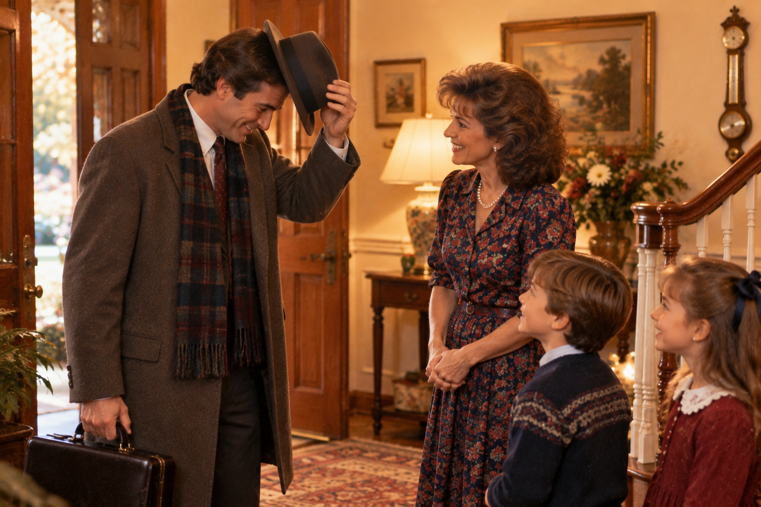 A man in a coat and scarf tips his hat to a woman, a boy, and a girl in a home foyer.