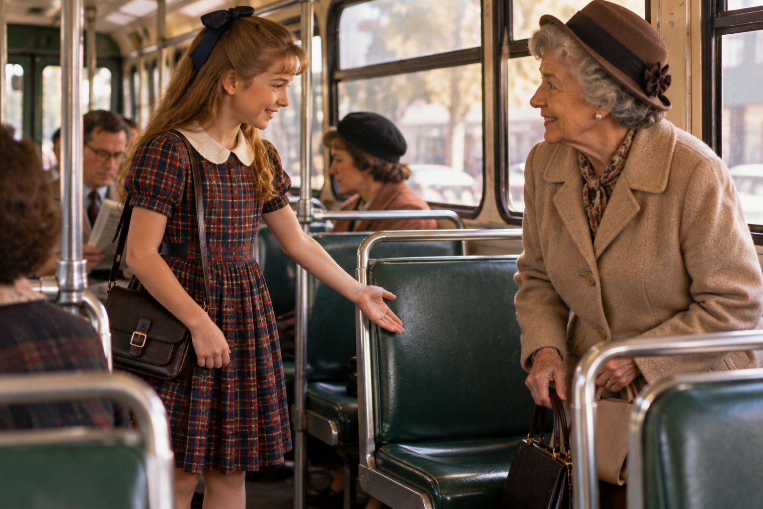 A young girl in a plaid dress gestures toward a bus seat to offer it to an elderly woman in a coat and hat.