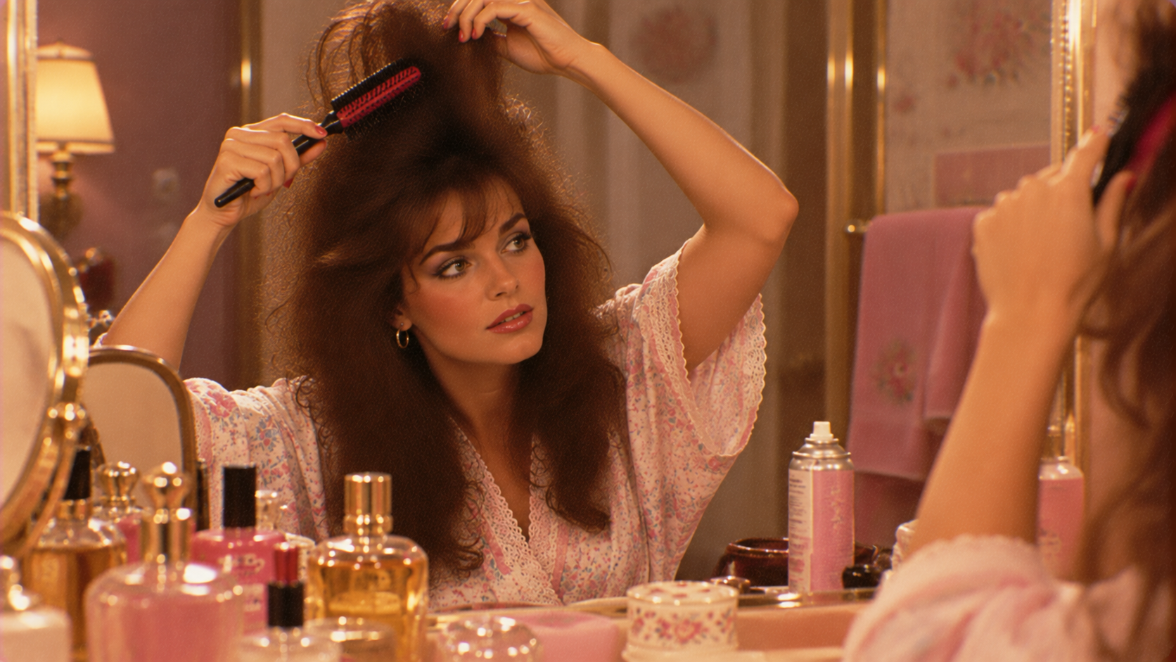 A woman with voluminous brown hair teases her hair with a brush in front of a mirror, surrounded by various perfume bottles and beauty products on a pink-decorated vanity.