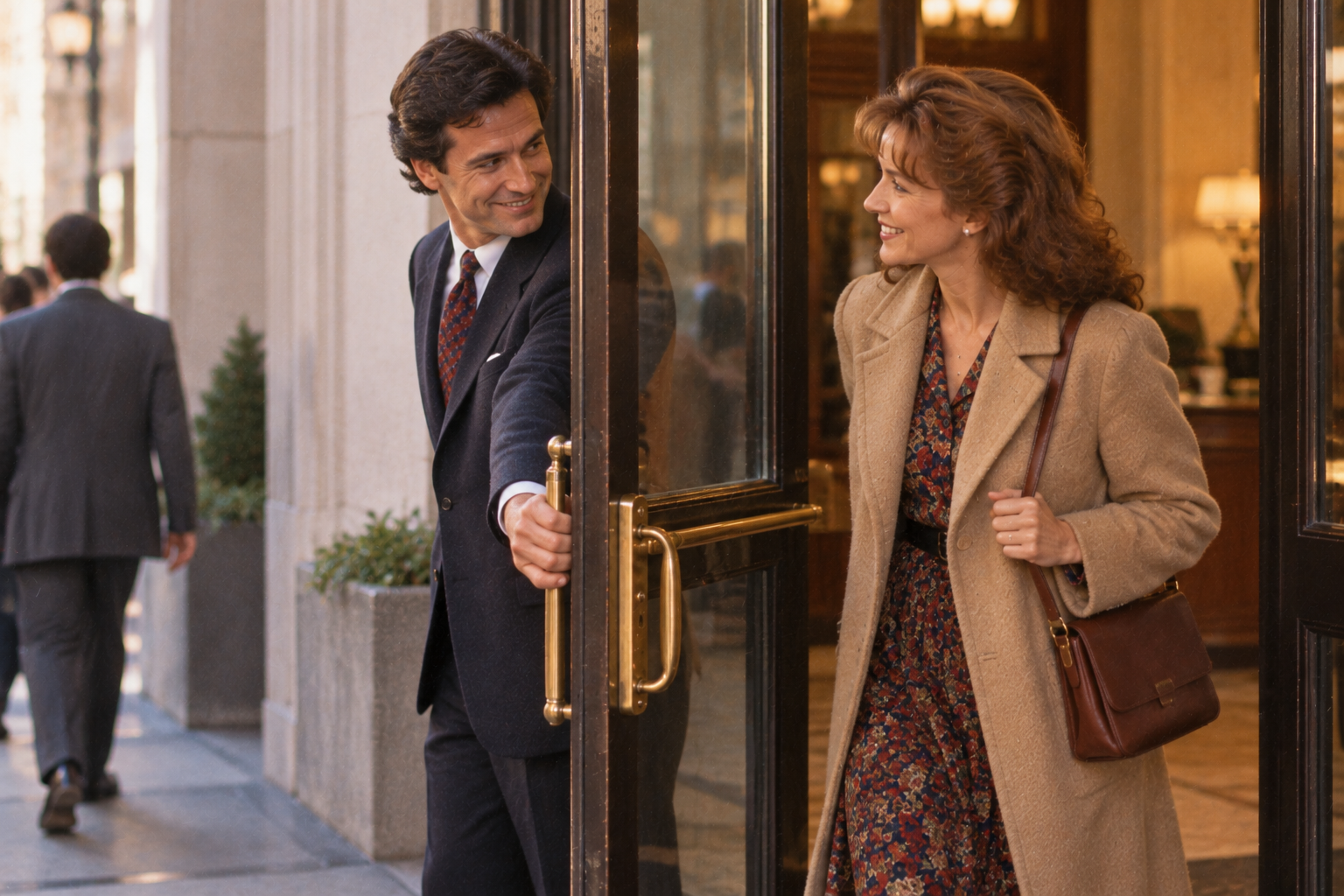 A man in a suit holds a door open for a woman in a floral dress and tan coat as she enters a building.