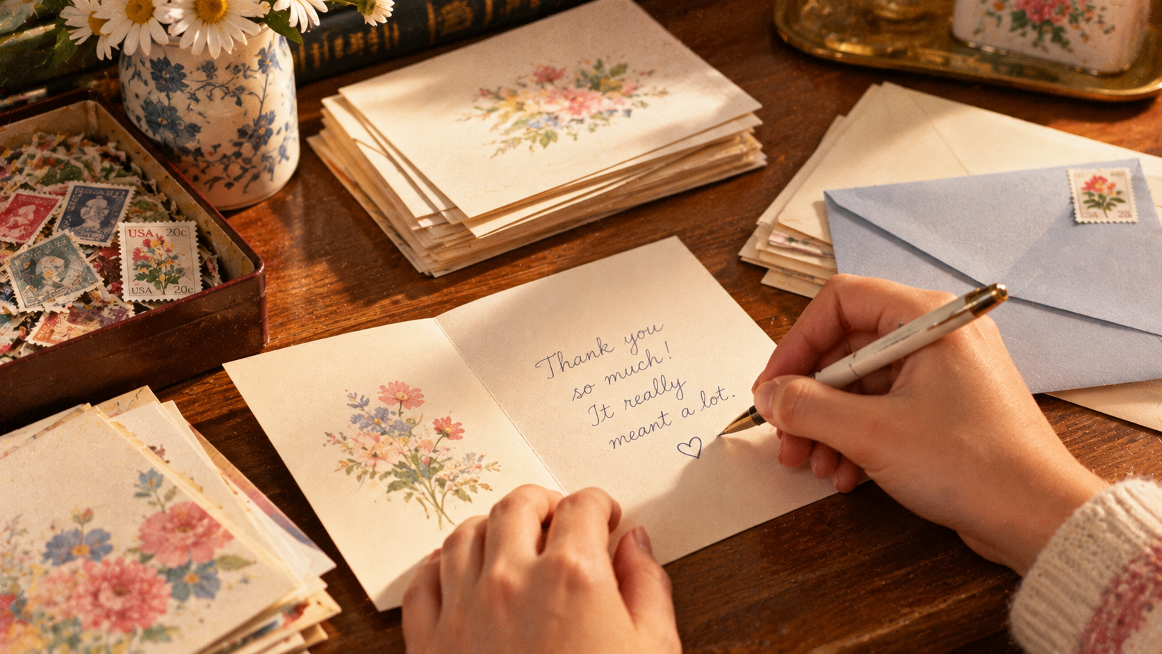 A person writes “Thank you so much! It really meant a lot.” with a heart in a floral greeting card, surrounded by stamps, stationery, and a vase of flowers on a wooden desk.