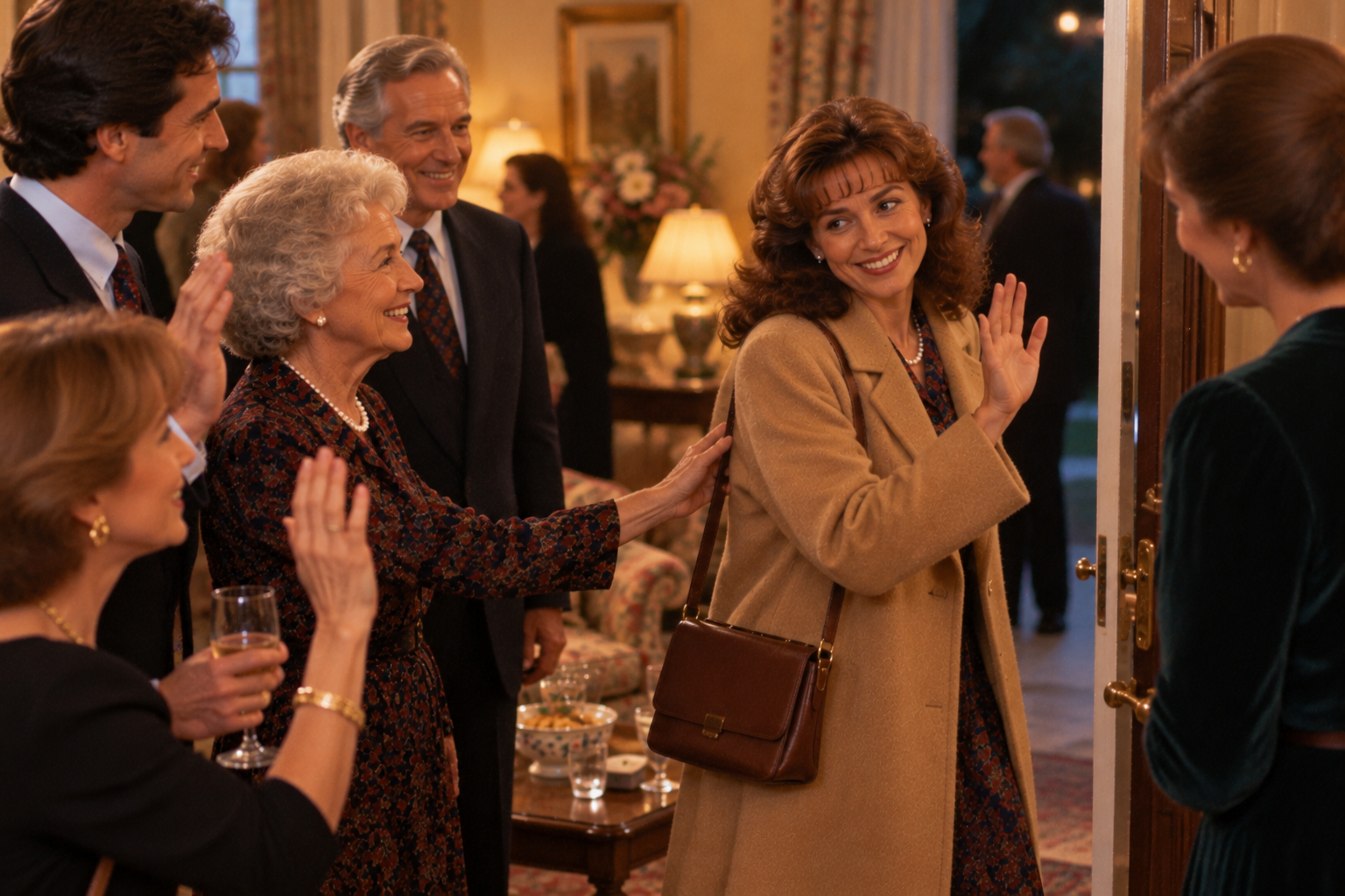 A woman in a beige coat waves as she enters a home where a group of formally dressed people are gathered.