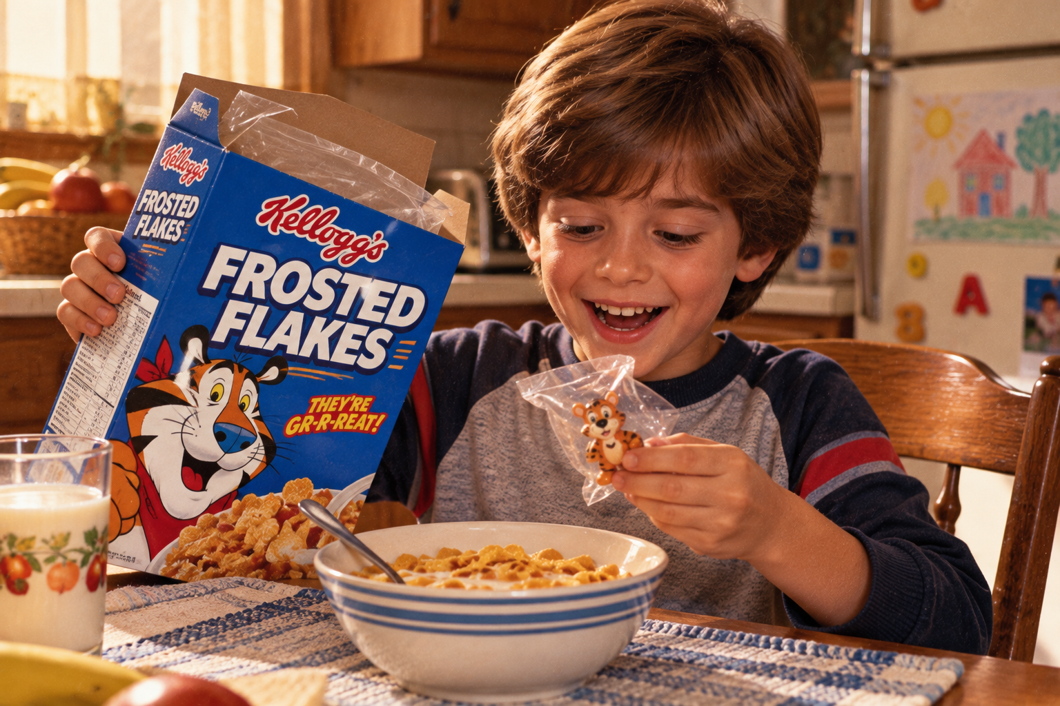 A smiling boy holds a small, plastic Tony the Tiger figurine next to a box of Kellogg’s Frosted Flakes and a bowl of cereal.