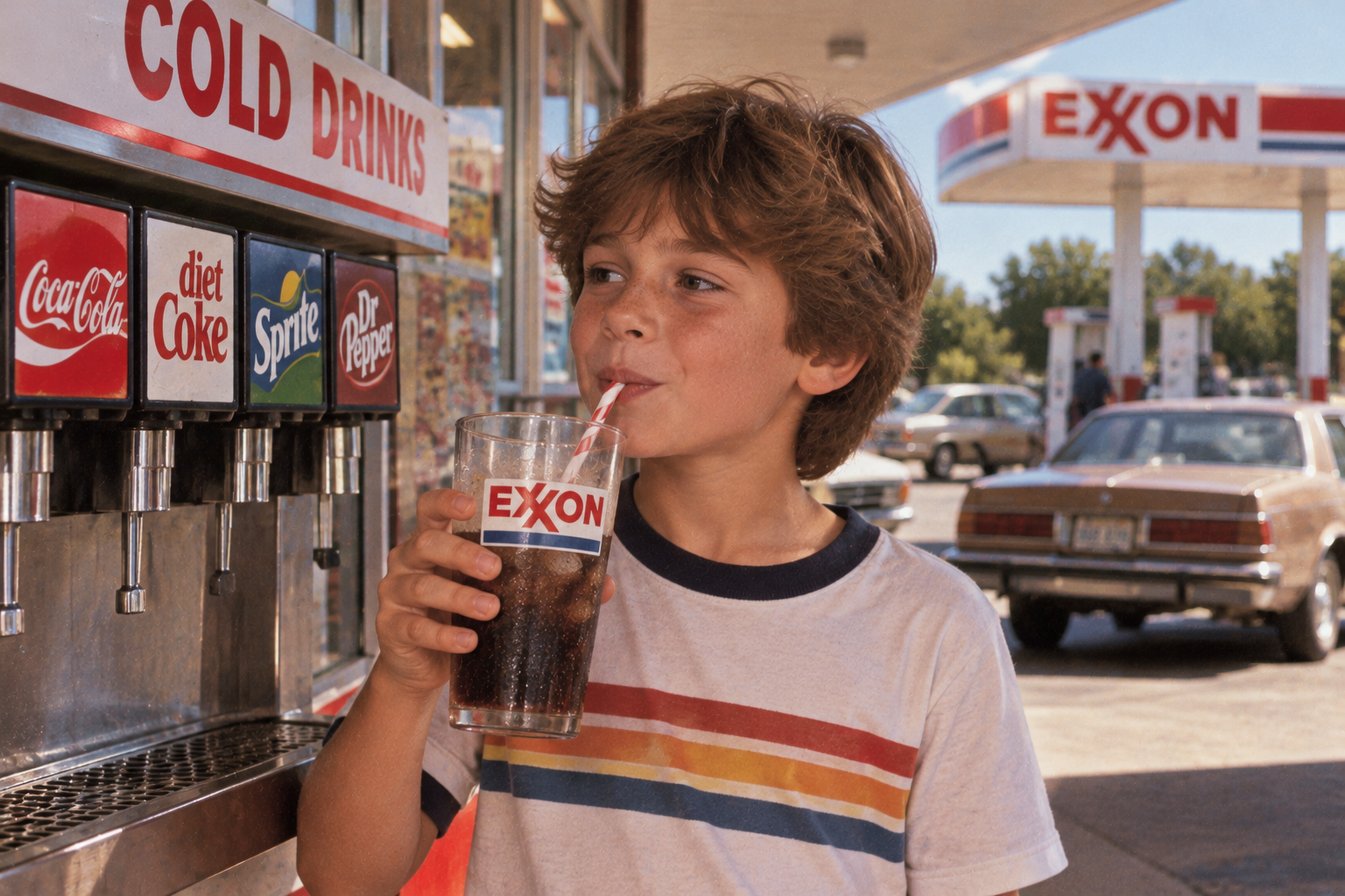 A young boy drinks from a glass with an Exxon logo while standing at a gas station soda fountain.