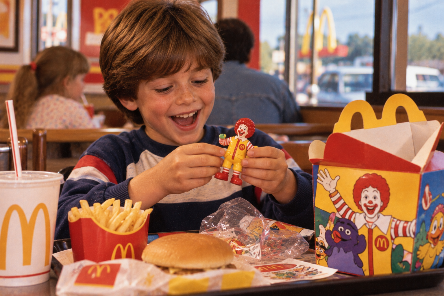 A young boy with a joyful expression holds a Ronald McDonald toy at a McDonald’s restaurant table filled with a hamburger, fries, and a Happy Meal box.