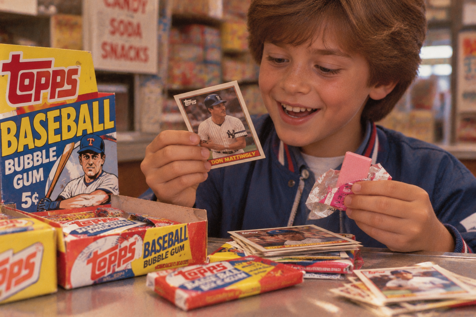 A young boy smiling while holding a Don Mattingly baseball card next to a box of Topps bubble gum.