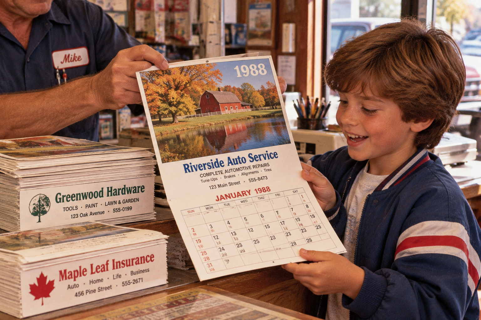 A boy smiles as a man in a work shirt holds up a 1988 calendar for Riverside Auto Service, with stacks of local business calendars on the counter.