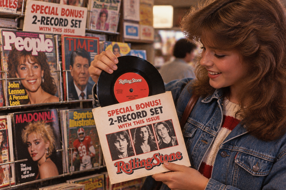 A young woman holds a Rolling Stone magazine supplement featuring a bonus 7-inch vinyl record in front of a newsstand display.