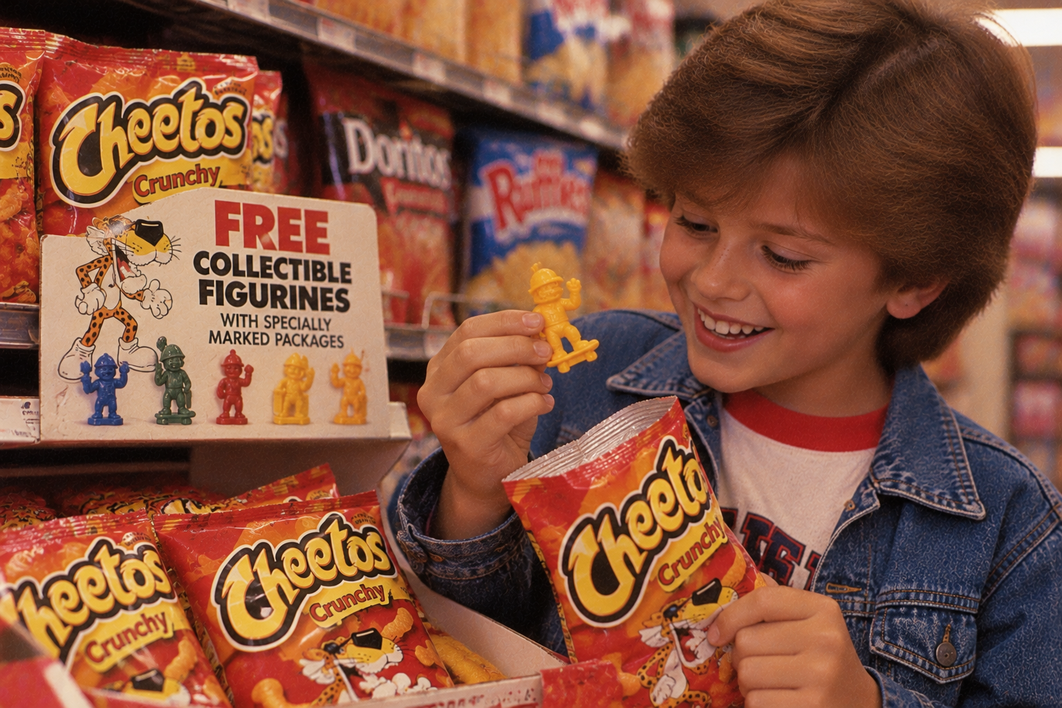 A child smiling while holding a small yellow Cheetos figurine in a store aisle filled with bags of Cheetos.