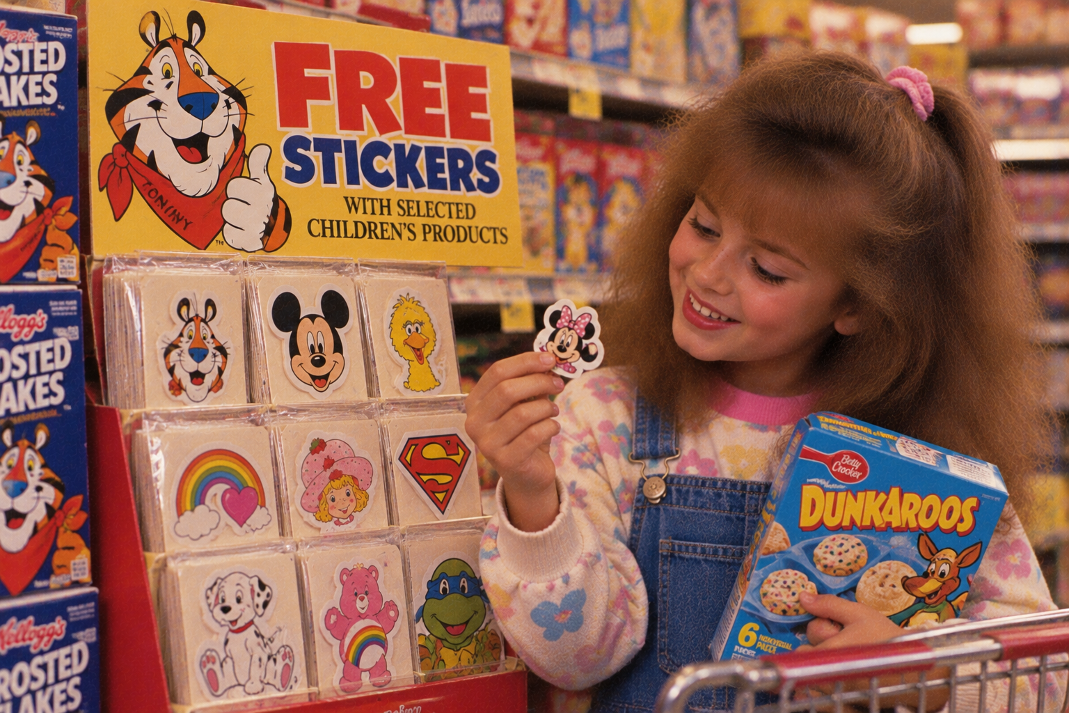 A young girl in a grocery store aisle holds a Minnie Mouse sticker and a box of Dunkaroos near a display of free stickers featuring various cartoon characters.