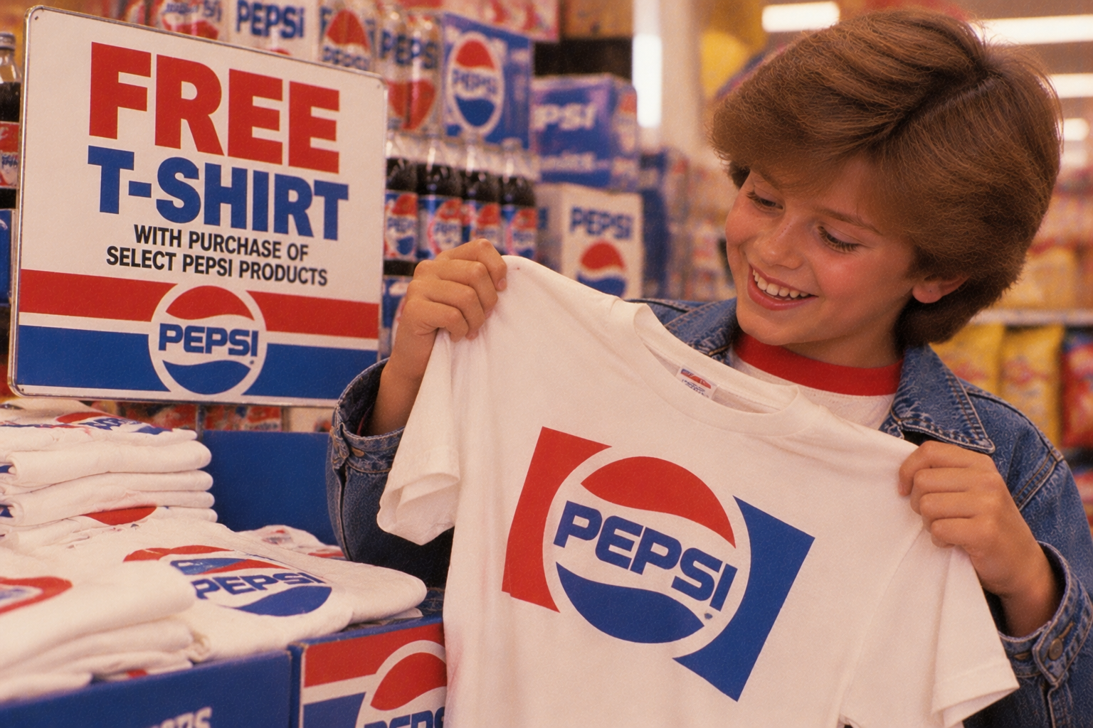 A smiling child holds up a white T-shirt featuring a Pepsi logo, next to a store sign offering a free shirt with the purchase of Pepsi products.