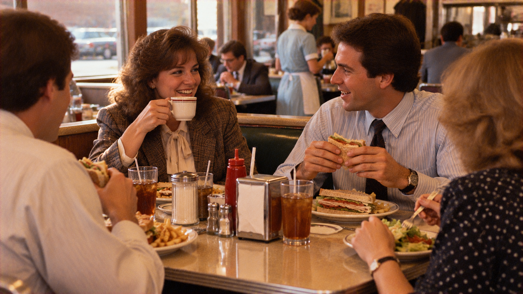 Four people eating lunch in a booth at a restaurant.
