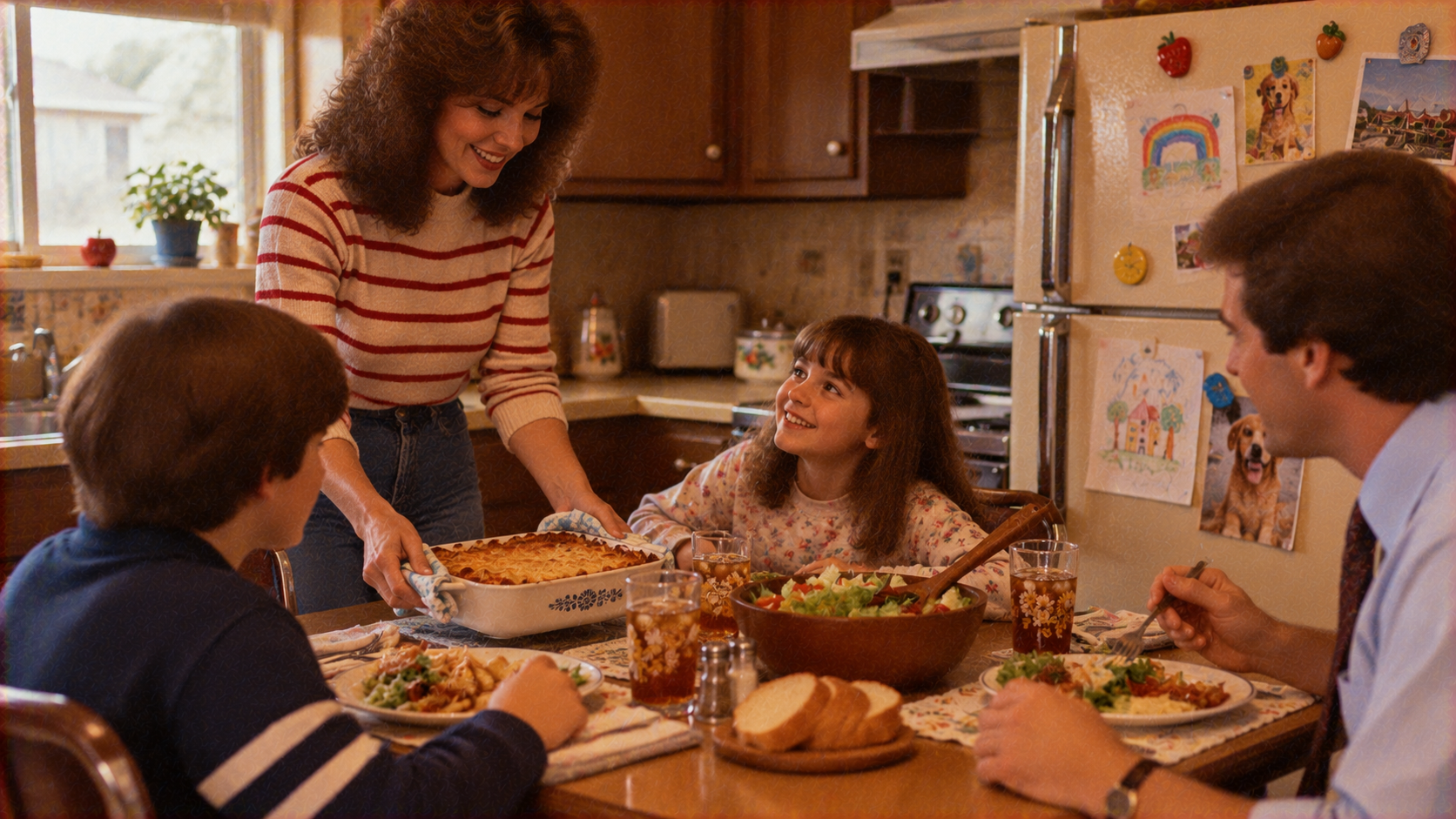 A family sits around a dining table as a mother places a casserole dish in the center.