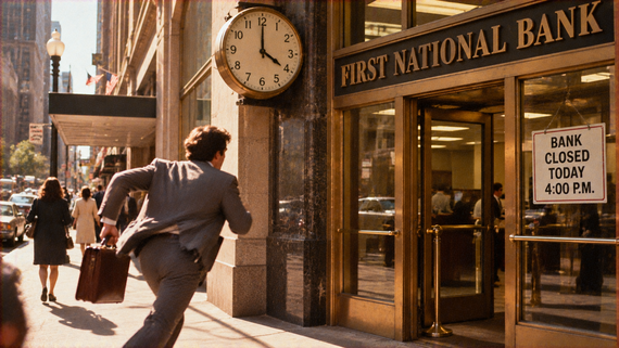 A man in a suit carrying a briefcase runs toward the entrance of a First National Bank with a sign reading “Bank closed today 4:00 P.M.”