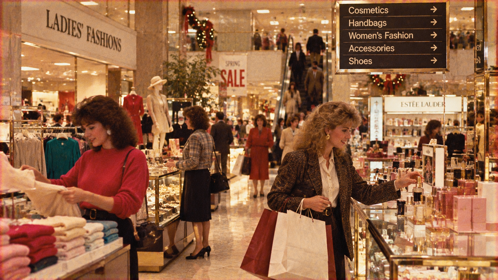 Shoppers browsing in a department store with signs for “Ladies’ Fashions” and a directory listing cosmetics, handbags, and shoes.