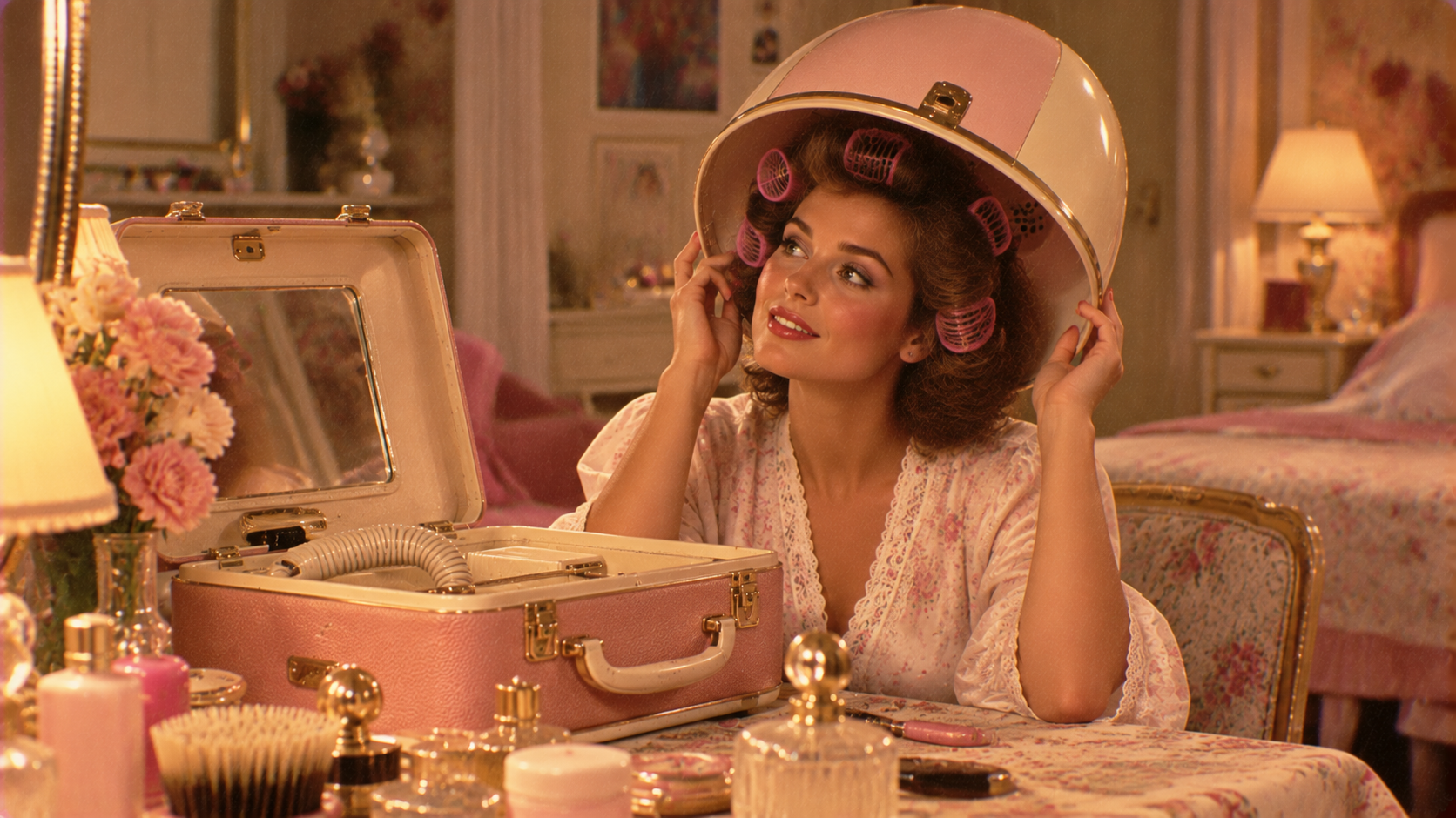 A woman in a pink robe sits at a vanity with vintage beauty products, using a retro hair dryer and curlers in her hair. The room is softly lit and decorated in a nostalgic, feminine style.