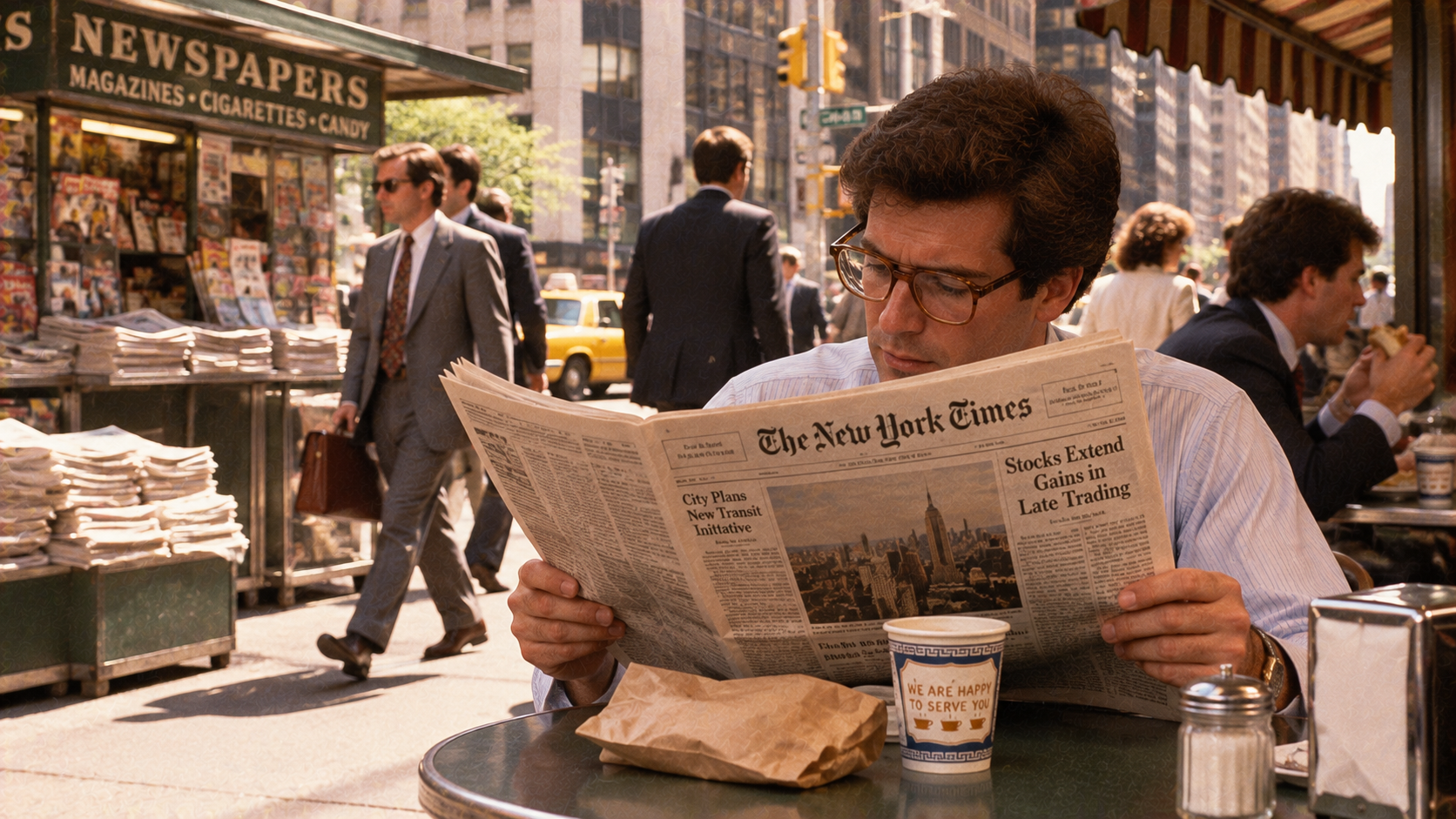 John F. Kennedy Jr. sits at an outdoor cafe table reading The New York Times, with a paper coffee cup and a brown paper bag in front of him on a busy New York City street.