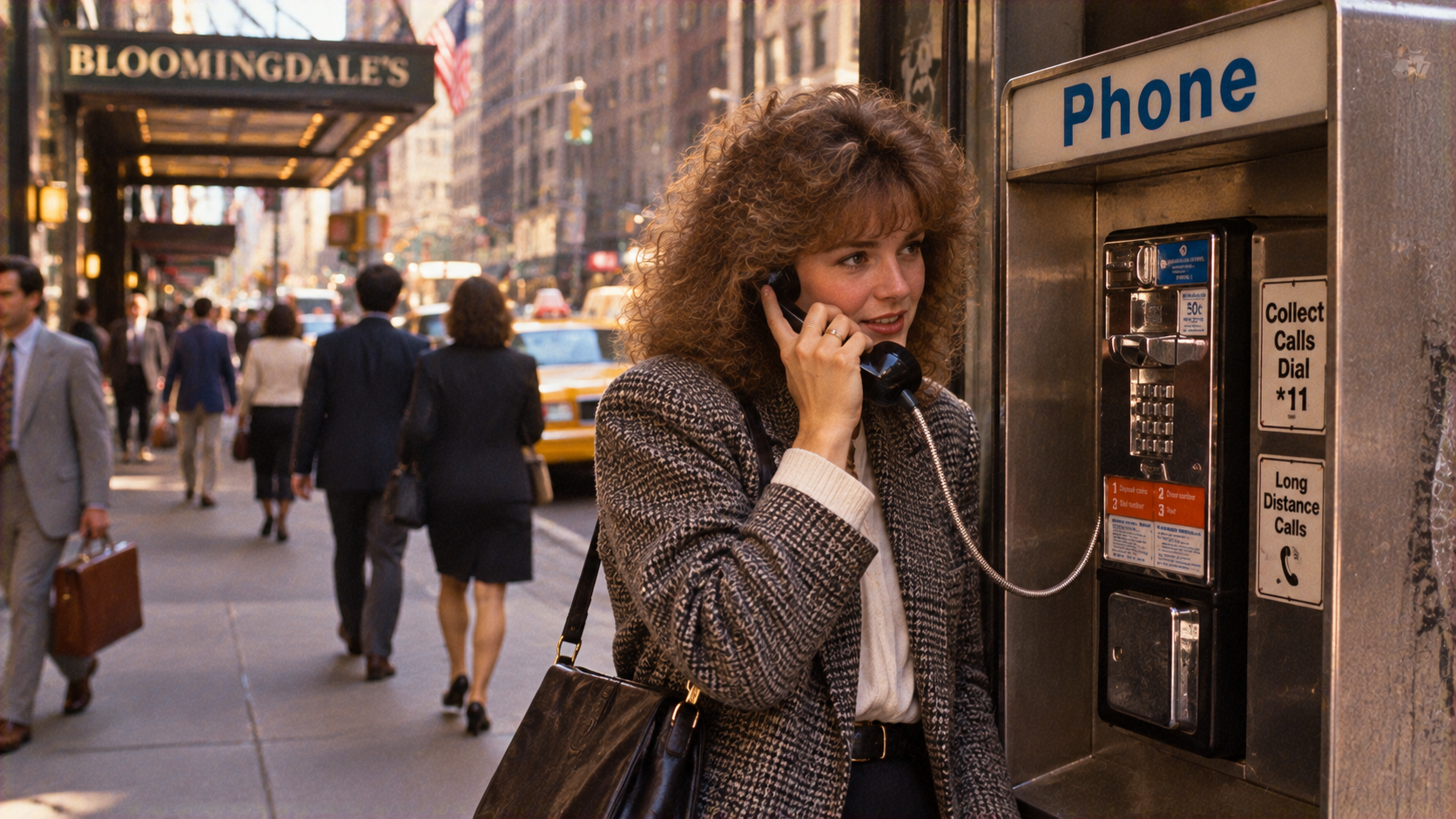A woman with curly hair talking on a public payphone on a busy New York City sidewalk in front of a Bloomingdale’s store.
