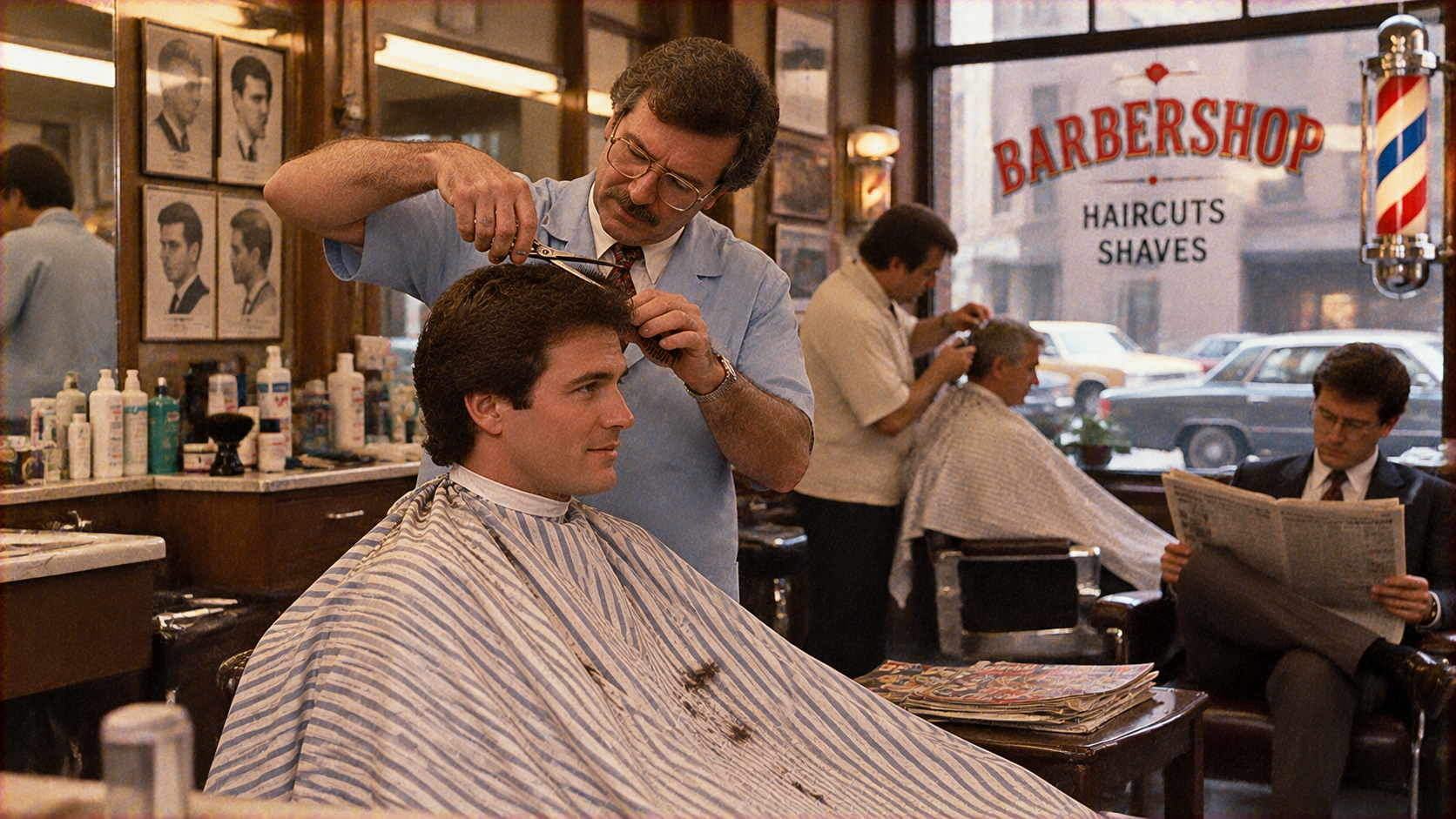 A barber trims the hair of a seated client in a shop with others getting haircuts and a man reading a newspaper in the background.