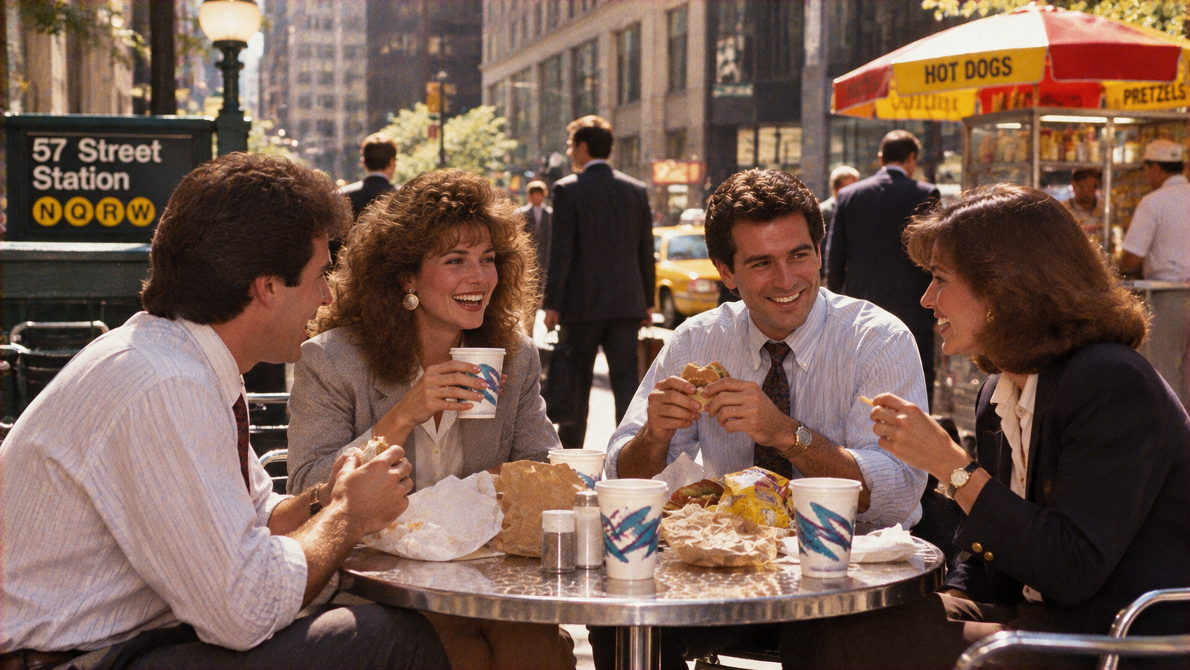 Two men and two women in business attire sit at an outdoor table eating lunch near a 57th Street subway entrance.