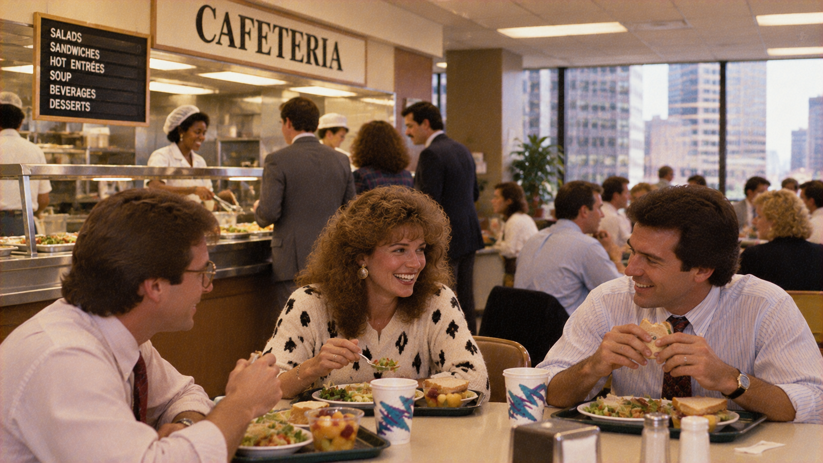 Three office workers talk and eat lunch at a table in a cafeteria.