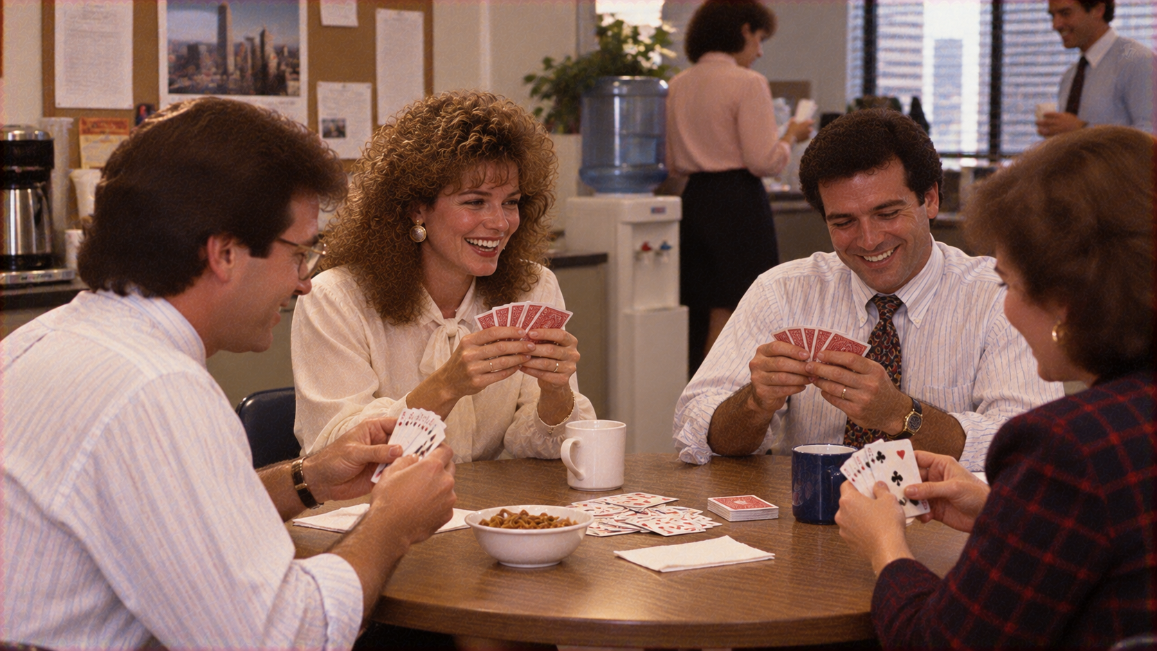 Four office coworkers smiling as they play a game of cards around a circular breakroom table.