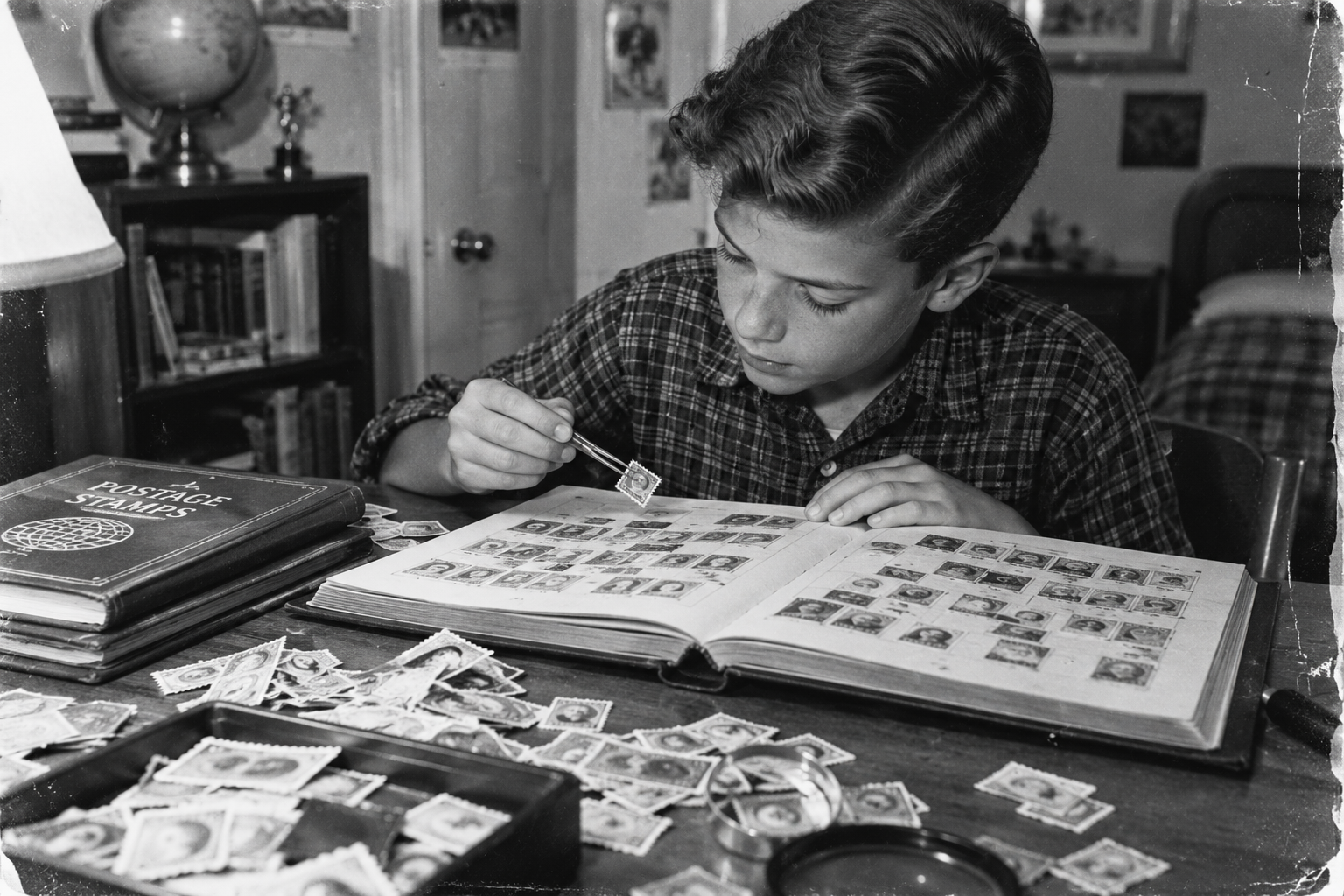 A boy in a plaid shirt sits at a desk, carefully placing stamps into a stamp album. Loose stamps, books, and a magnifying glass are scattered on the desk.
