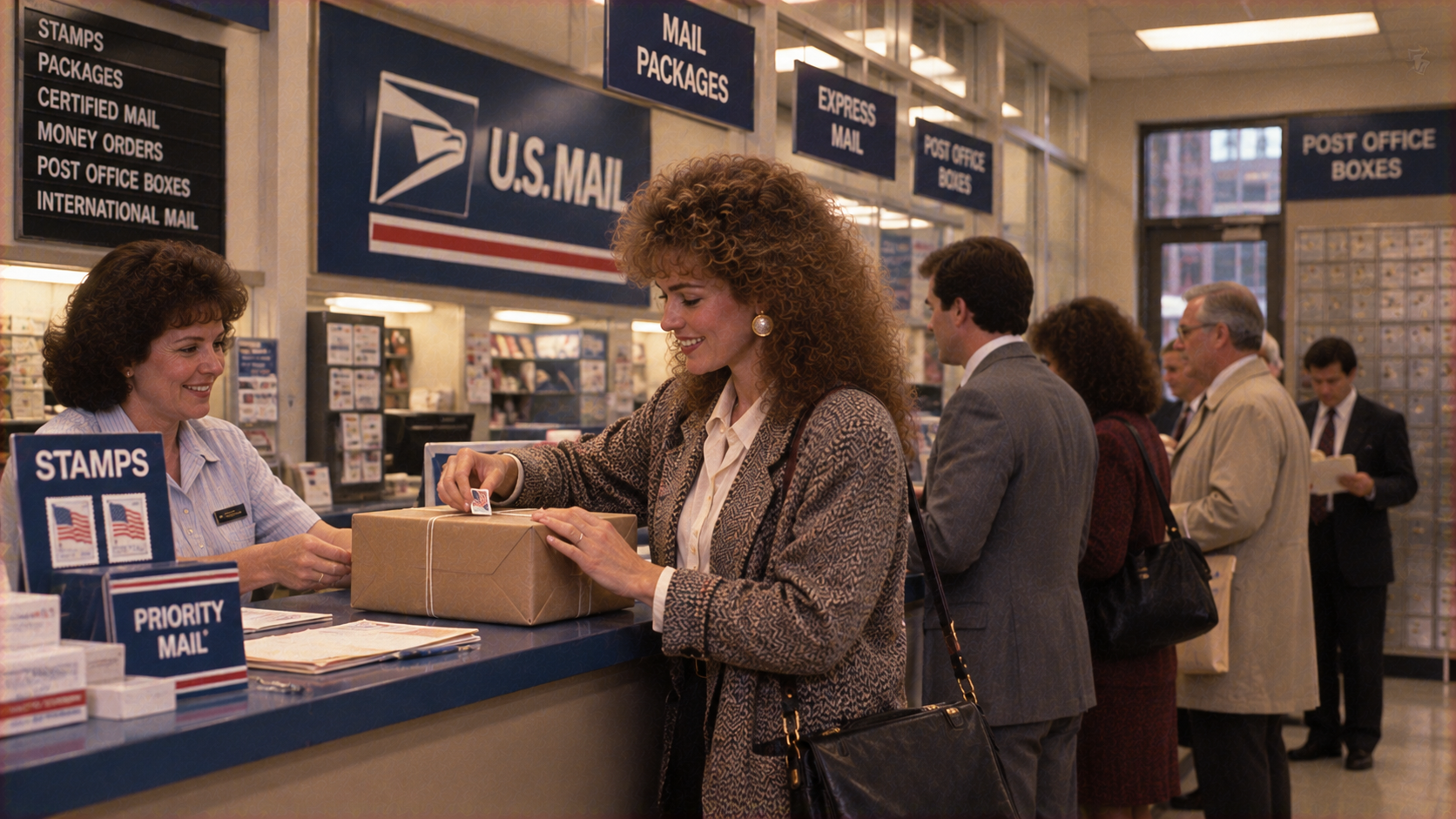 A woman with curly hair places a stamp on a wrapped package at a post office counter while others wait in line.