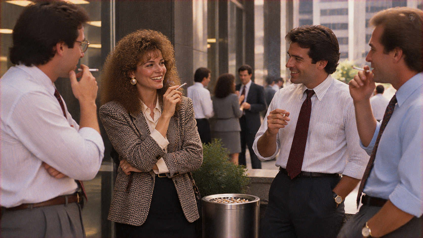 Four office colleagues in business attire standing outdoors, smiling and talking while holding cigarettes.