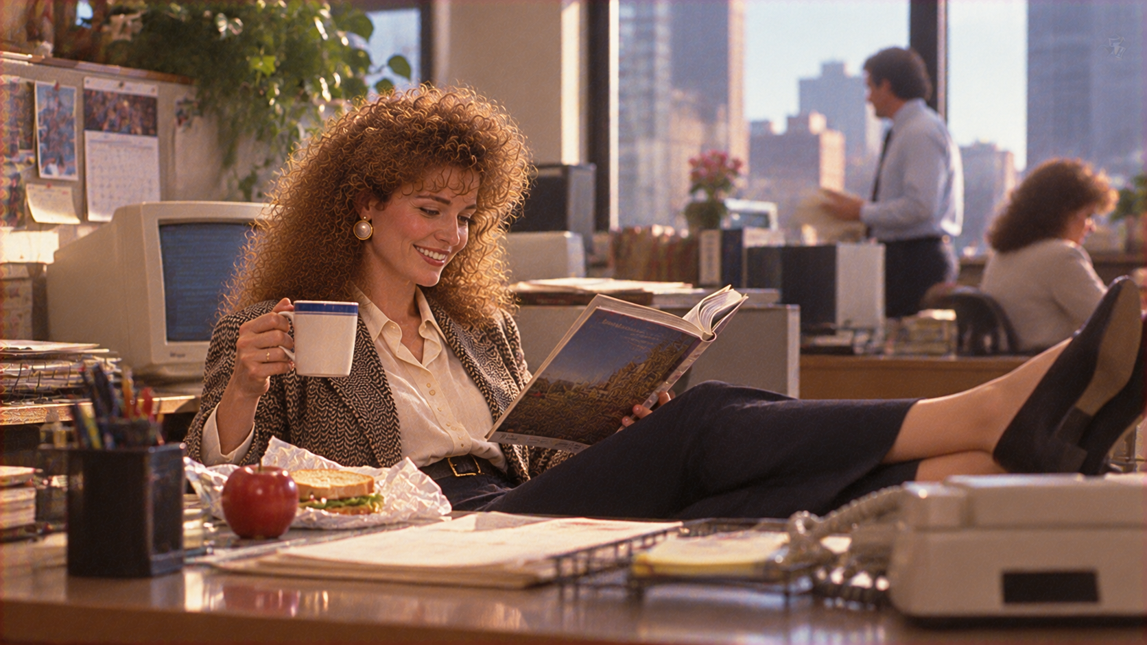 A woman with curly hair sits at an office desk with her feet up, drinking from a mug and reading a book while a sandwich and apple sit nearby.
