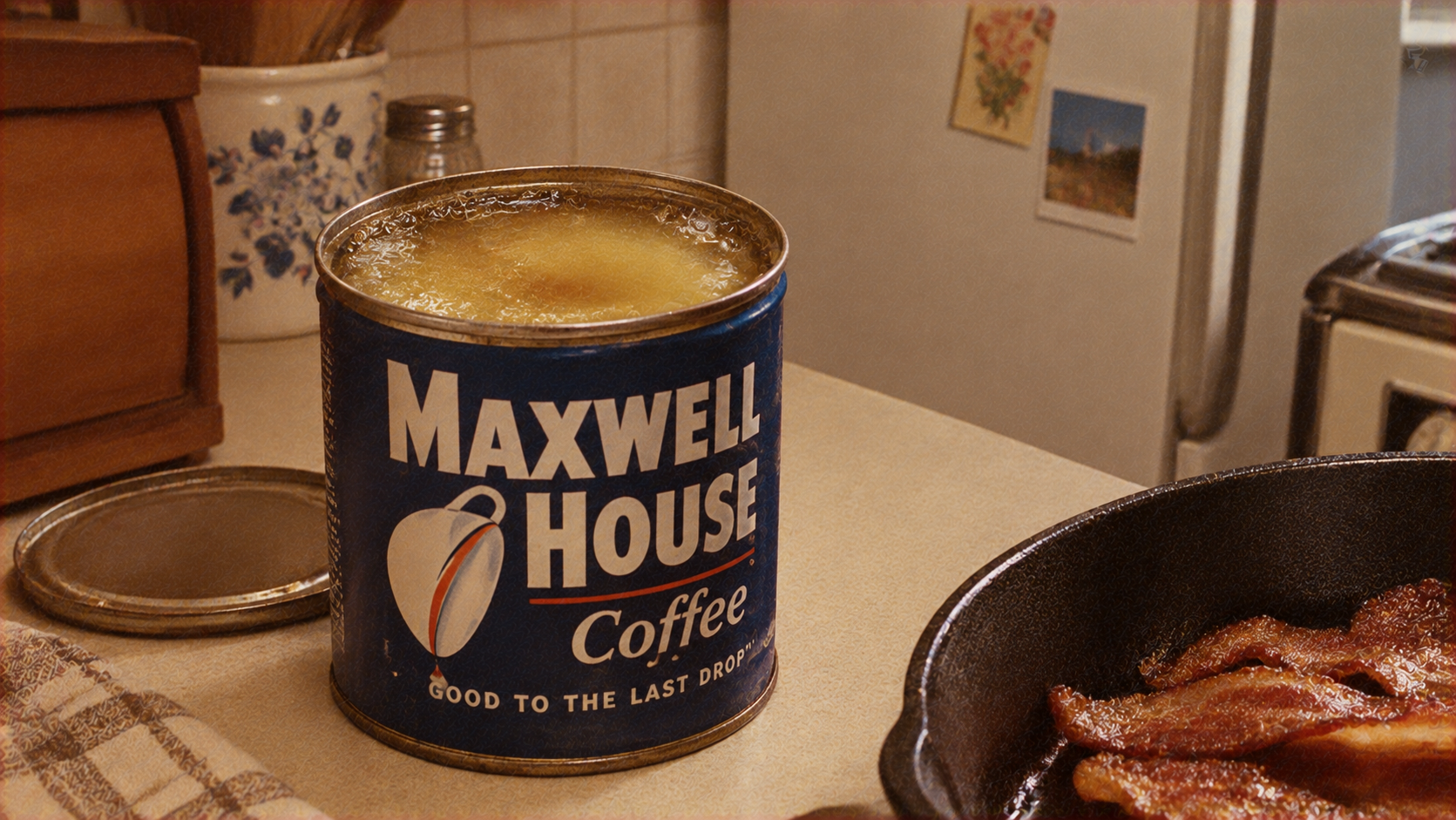 An open can of Maxwell House coffee filled with grease sits on a kitchen counter next to a pan of bacon.