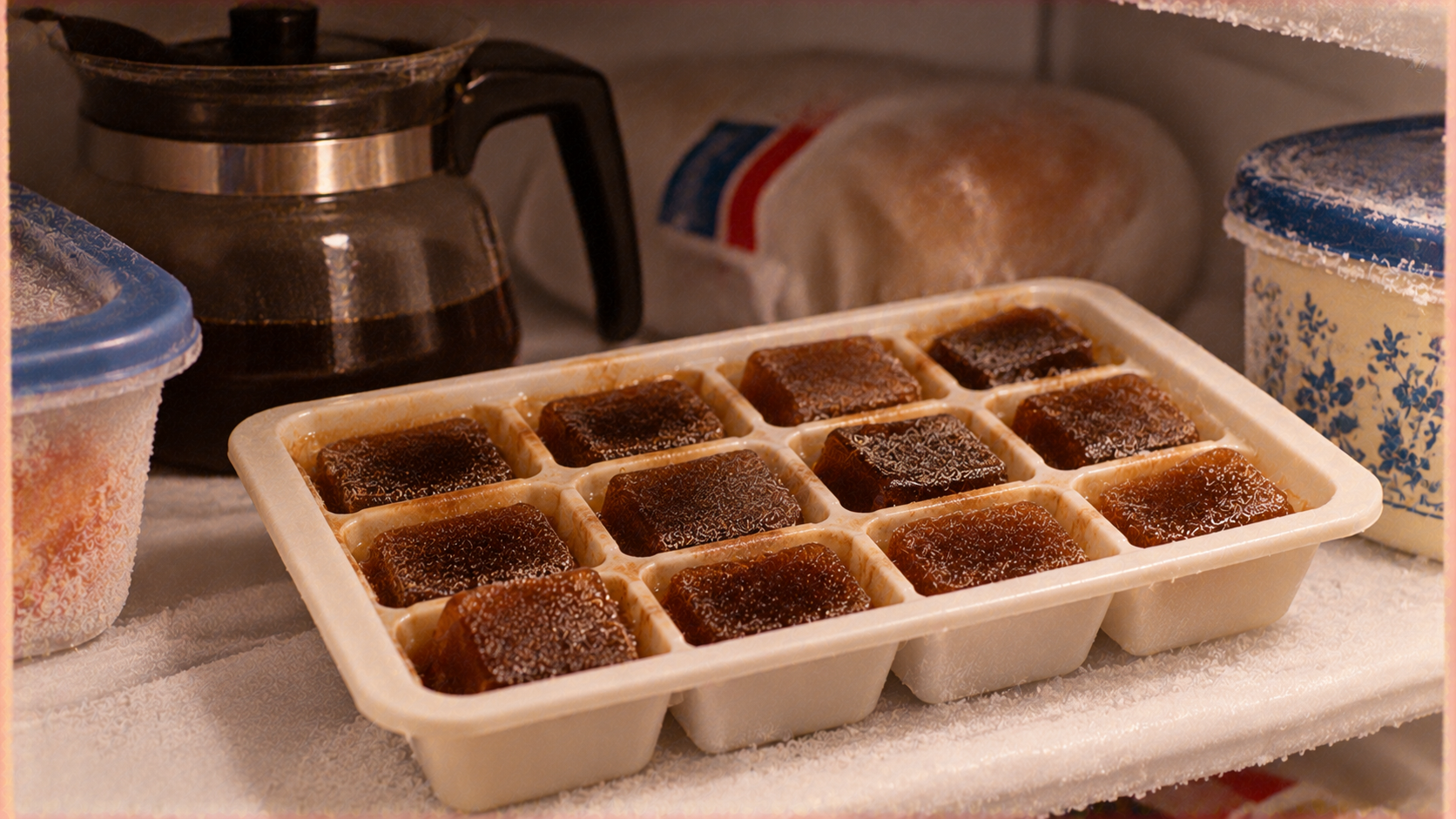 An ice cube tray filled with frozen coffee cubes sits on a freezer shelf next to a coffee pot and other food containers.