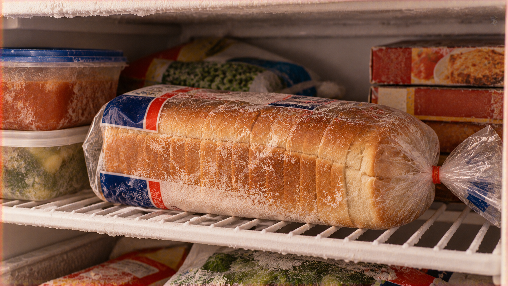 A loaf of sliced bread in a plastic bag sitting on a freezer shelf next to containers and boxes of frozen food.