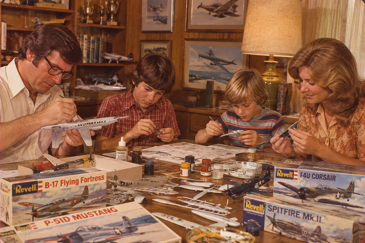 A family sits at a table building and painting model airplanes together, surrounded by boxes, paints, and tools. Framed aviation art and model planes decorate the cozy, warmly lit room.
