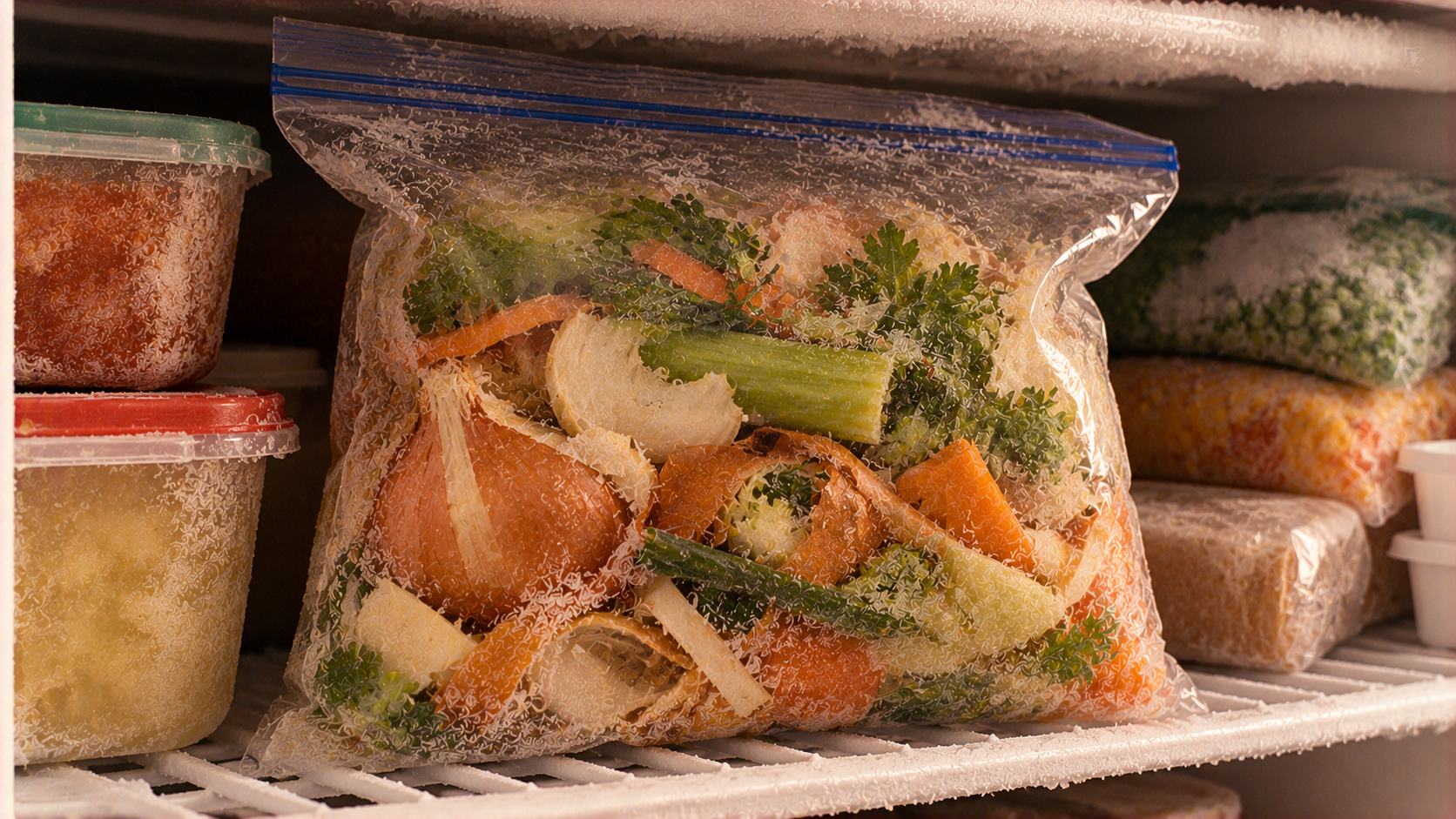 A plastic freezer bag filled with assorted vegetable scraps, including onion skins, carrot peels, and celery pieces, stored inside a freezer with other containers.
