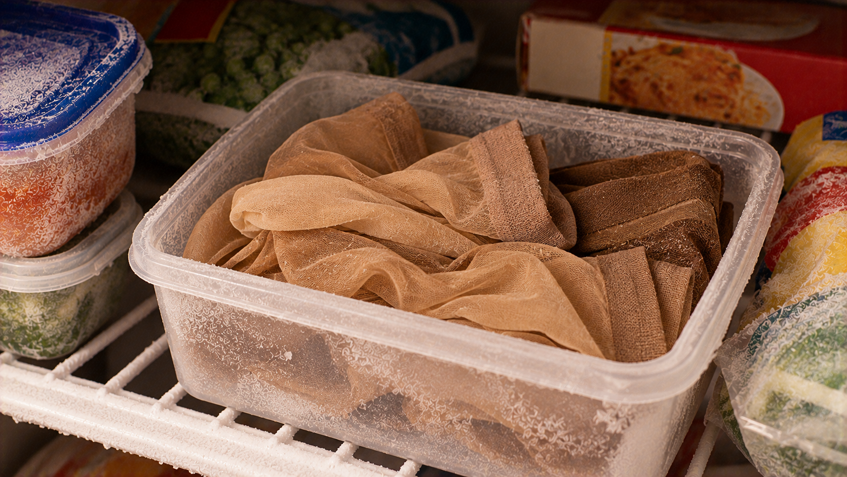 A plastic container filled with a pair of sheer pantyhose sitting on a freezer shelf surrounded by frozen food containers.