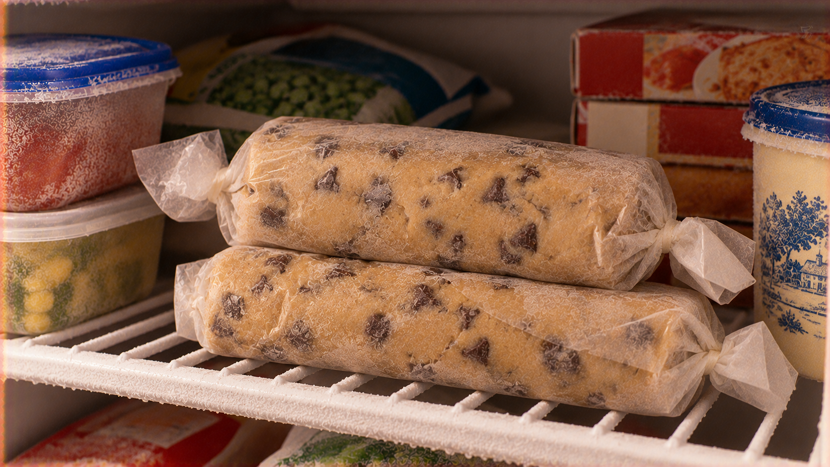 Two logs of chocolate chip cookie dough wrapped in plastic on a freezer shelf.
