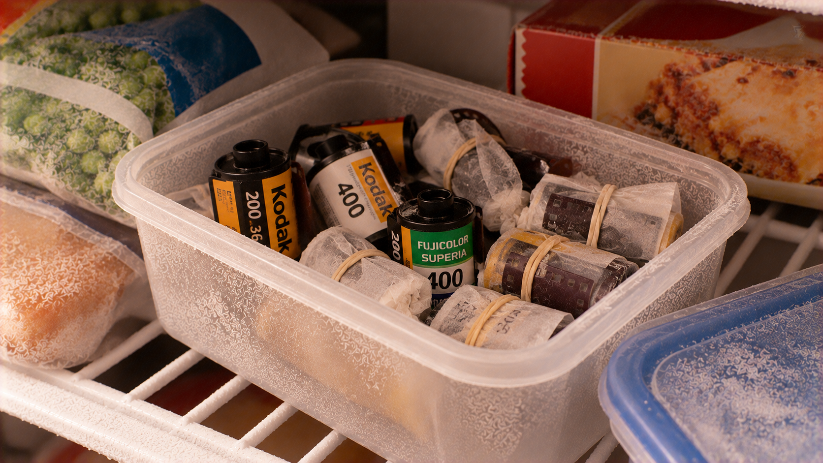 A plastic storage container filled with rolls of 35mm film, some wrapped in paper and secured with rubber bands, sitting on a freezer shelf.