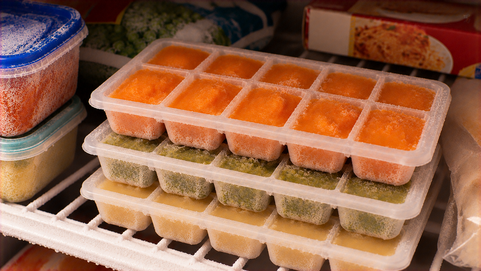 Three stacked ice cube trays filled with frozen purees in orange, green, and yellow, sitting on a freezer shelf.