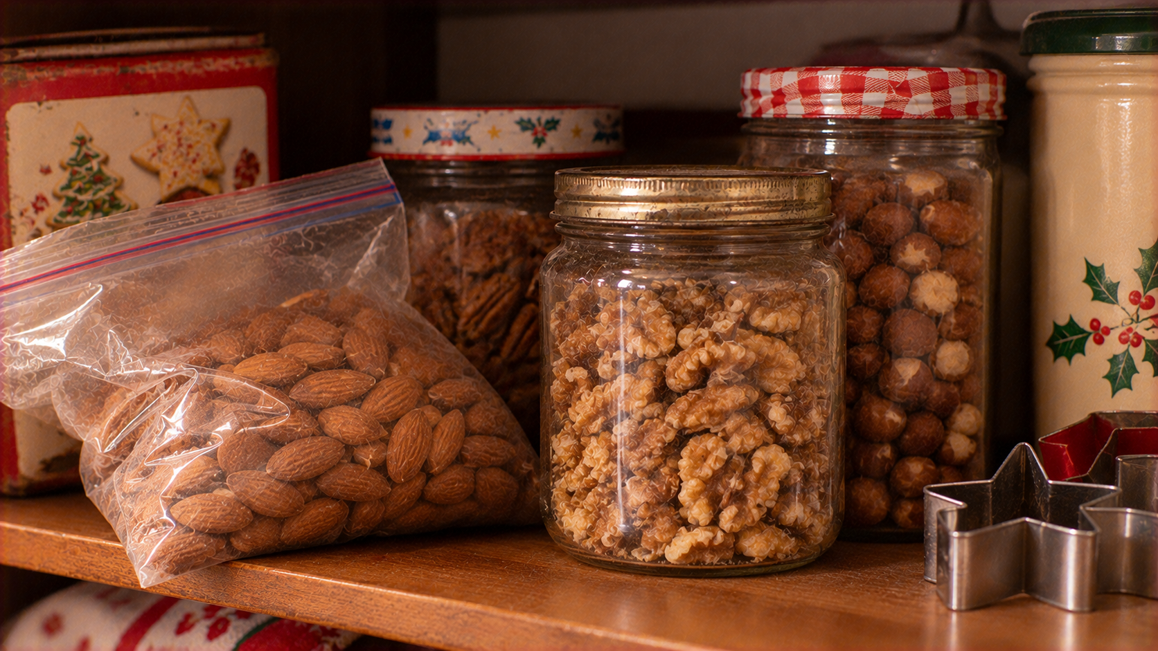 A wooden shelf containing a plastic bag of almonds, a glass jar of walnuts, and other assorted jars of nuts alongside metal star-shaped cookie cutters.