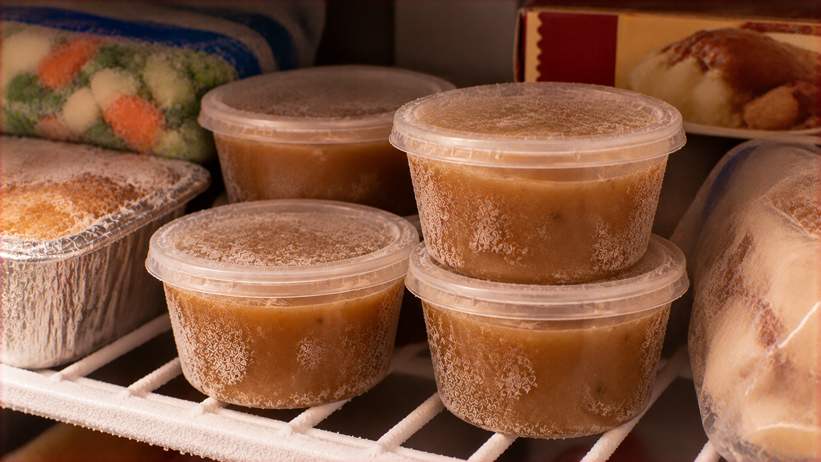 Several plastic containers of frozen soup stacked on a refrigerator shelf alongside other frozen food items.
