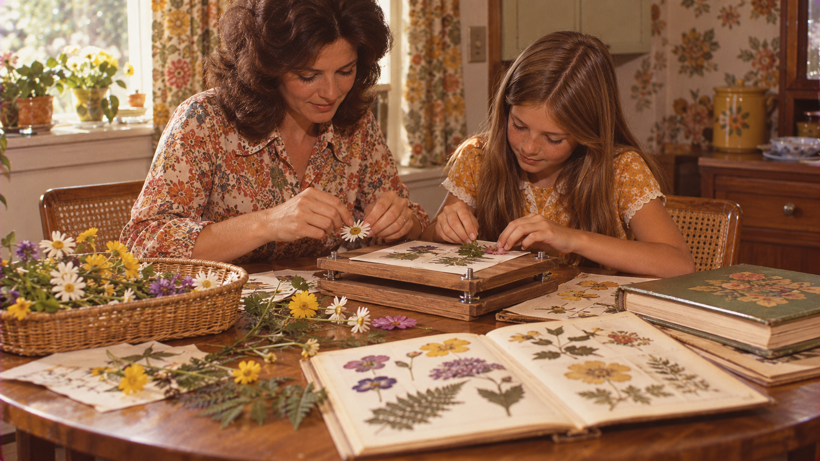 A woman and girl press flowers at a table covered with books, pressed plants, and a basket of daisies in a cozy, sunlit room with floral wallpaper.