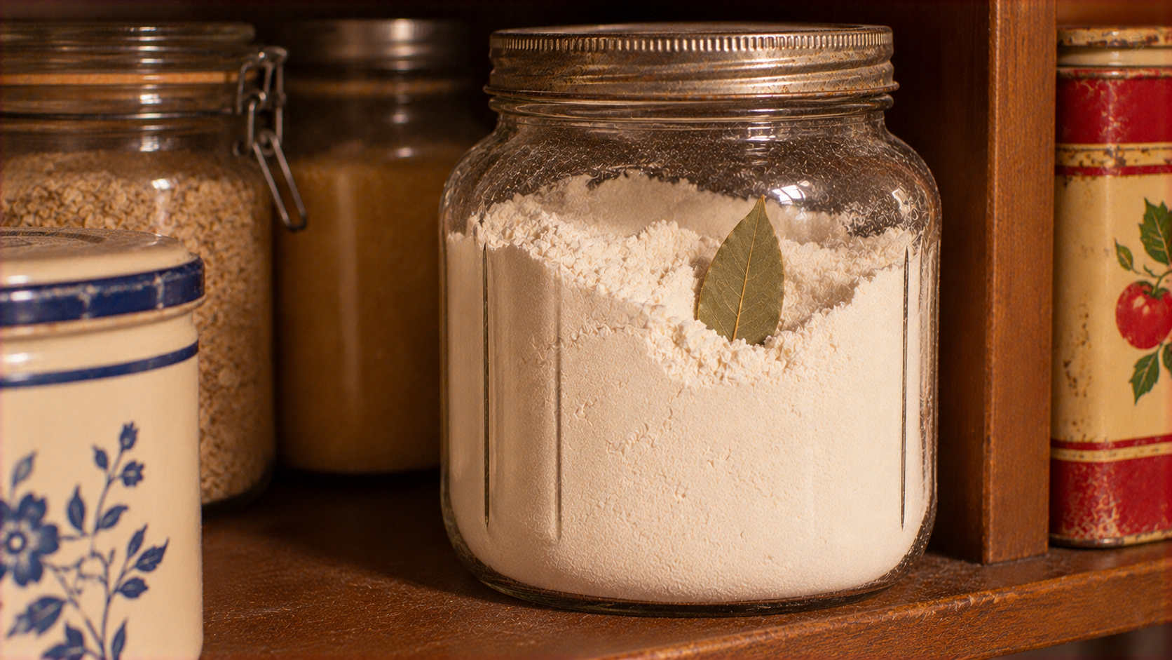 A glass jar filled with white flour and a single bay leaf on a pantry shelf.