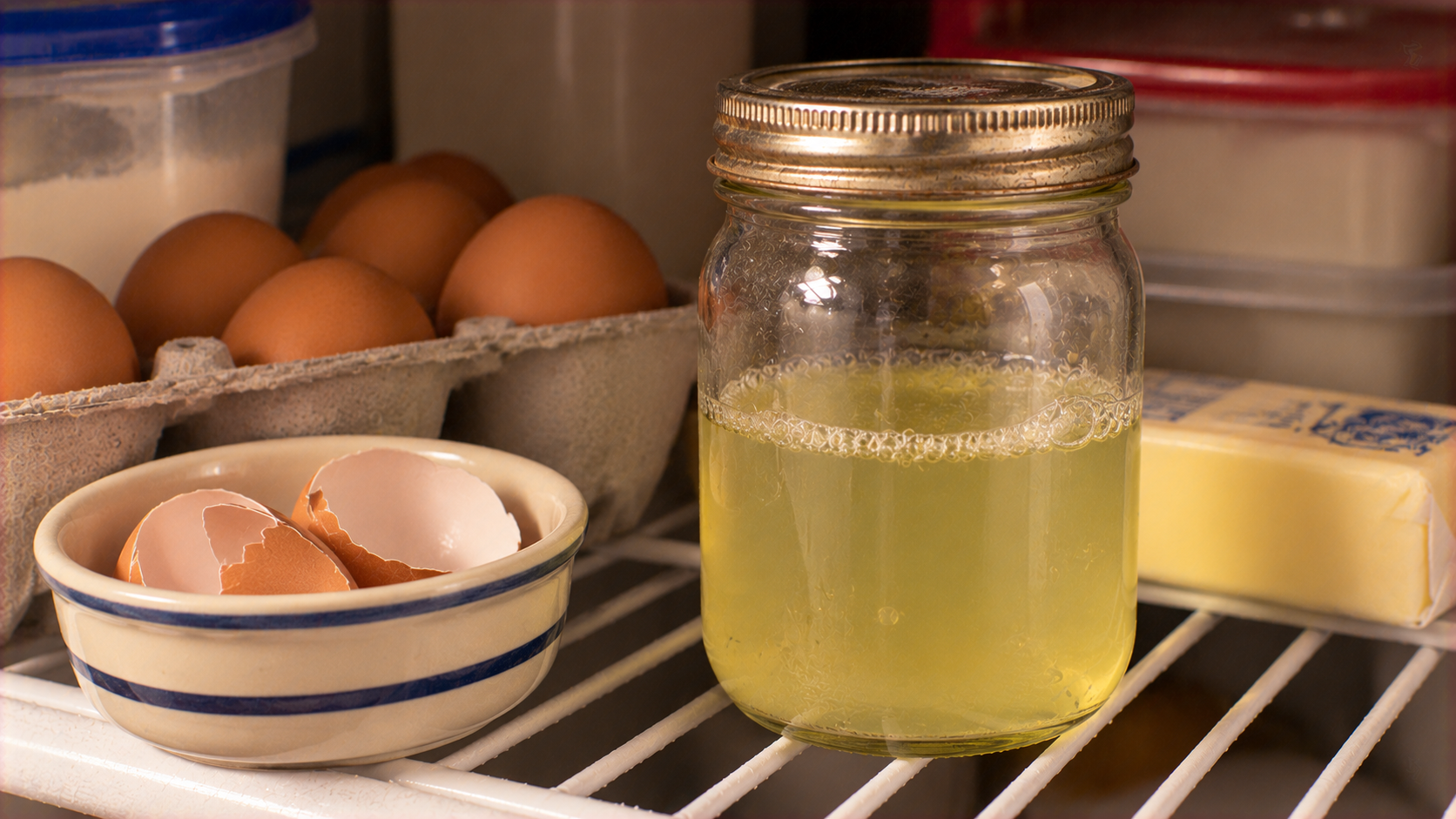 A glass jar filled with liquid egg whites sits on a refrigerator shelf next to a bowl of eggshells, a carton of whole eggs, and a block of butter.